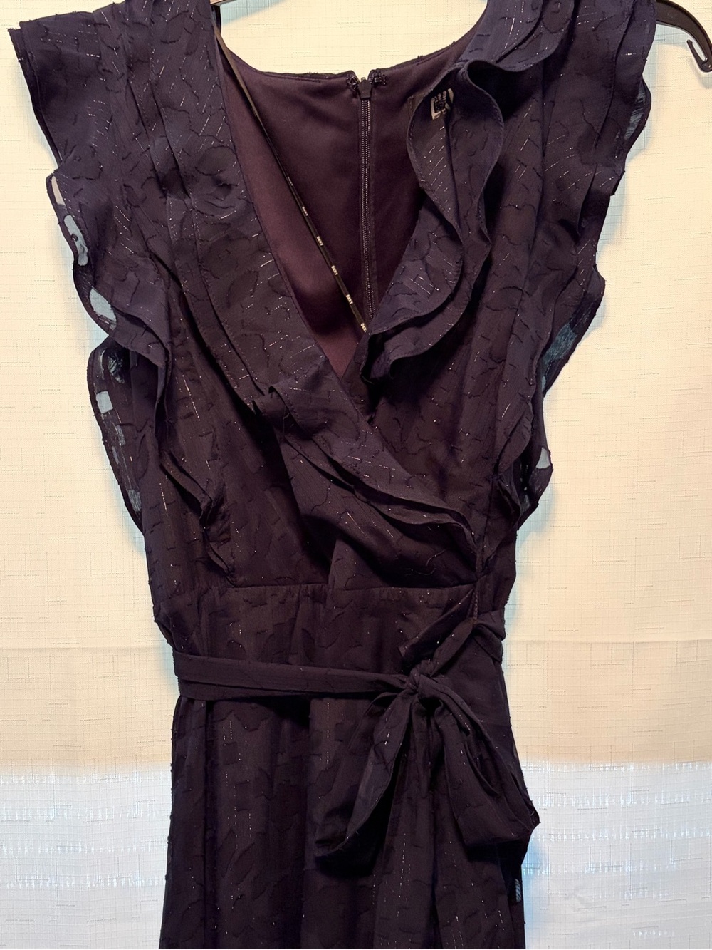 DKNY Black Ruffled Midi Dress with Self-Tie Waist - Picture 2 of 6